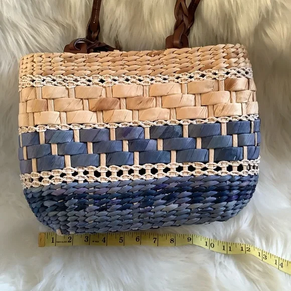 Straw Hand Woven Top Zip Boho Bohemian Purple Tan Purse That’s Lined - Picture 6 of 9